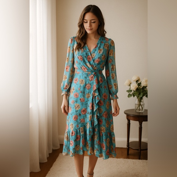 Adelyn Rae Floral Ruffle Wrap Midi Dress Blue – Size Small Feminine Romantic - Picture 4 of 15
